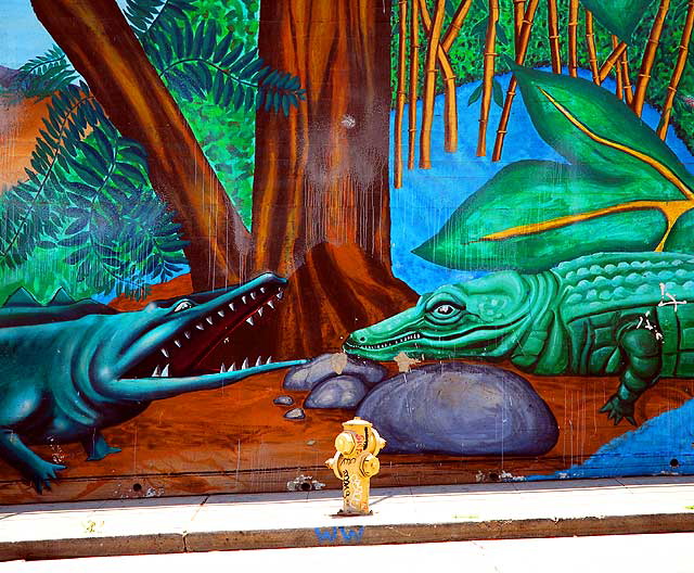 Detail of the mural Earth Memories - 1996, Eva Cockcroft with Edwin R. Perez, Eric Neiman and Jaime "Vyal" Reyes - Beverly Boulevard at Belmont Avenue, on the north retaining wall at the Belmont High School football field, Los Angeles