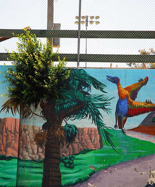 Detail of the mural Earth Memories - 1996, Eva Cockcroft with Edwin R. Perez, Eric Neiman and Jaime "Vyal" Reyes - Beverly Boulevard at Belmont Avenue, on the north retaining wall at the Belmont High School football field, Los Angeles