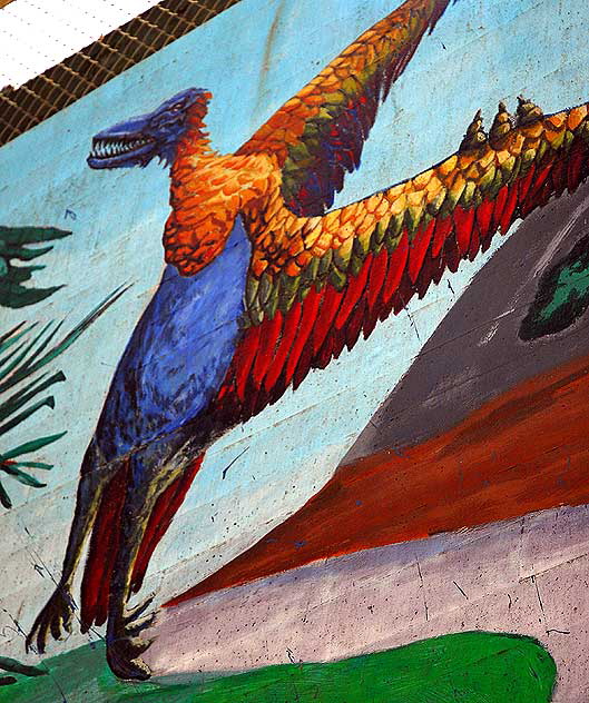 Detail of the mural Earth Memories - 1996, Eva Cockcroft with Edwin R. Perez, Eric Neiman and Jaime "Vyal" Reyes - Beverly Boulevard at Belmont Avenue, on the north retaining wall at the Belmont High School football field, Los Angeles