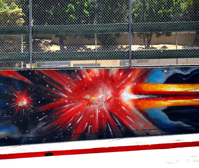 Detail of the mural Earth Memories - 1996, Eva Cockcroft with Edwin R. Perez, Eric Neiman and Jaime "Vyal" Reyes - Beverly Boulevard at Belmont Avenue, on the north retaining wall at the Belmont High School football field, Los Angeles Detail of the mural Earth Memories - 1996, Eva Cockcroft with Edwin R. Perez, Eric Neiman and Jaime "Vyal" Reyes - Beverly Boulevard at Belmont Avenue, on the north retaining wall at the Belmont High School football field, Los Angeles