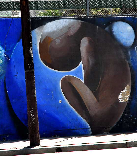 Detail of the mural Earth Memories - 1996, Eva Cockcroft with Edwin R. Perez, Eric Neiman and Jaime "Vyal" Reyes - Beverly Boulevard at Belmont Avenue, on the north retaining wall at the Belmont High School football field, Los Angeles Detail of the mural Earth Memories - 1996, Eva Cockcroft with Edwin R. Perez, Eric Neiman and Jaime "Vyal" Reyes - Beverly Boulevard at Belmont Avenue, on the north retaining wall at the Belmont High School football field, Los Angeles