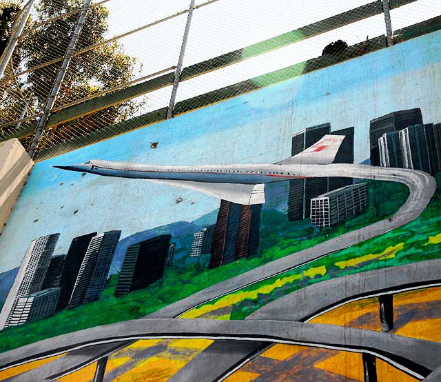 Detail of the mural Earth Memories - 1996, Eva Cockcroft with Edwin R. Perez, Eric Neiman and Jaime "Vyal" Reyes - Beverly Boulevard at Belmont Avenue, on the north retaining wall at the Belmont High School football field, Los Angeles Detail of the mural Earth Memories - 1996, Eva Cockcroft with Edwin R. Perez, Eric Neiman and Jaime "Vyal" Reyes - Beverly Boulevard at Belmont Avenue, on the north retaining wall at the Belmont High School football field, Los Angeles