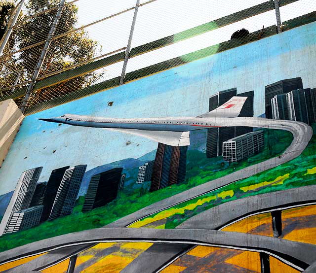 Detail of the mural Earth Memories - 1996, Eva Cockcroft with Edwin R. Perez, Eric Neiman and Jaime "Vyal" Reyes - Beverly Boulevard at Belmont Avenue, on the north retaining wall at the Belmont High School football field, Los Angeles