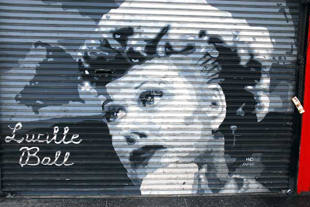 Lucille Ball graphic on rollup door, Hollywood Boulevard