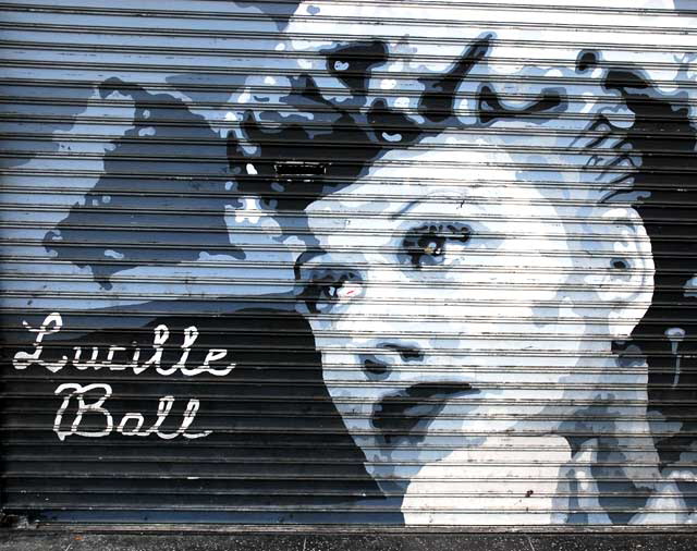 Lucille Ball graphic on rollup door, Hollywood Boulevard