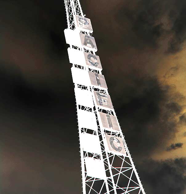 The old radio tower above the former Warner Pacific Theater, Hollywood Boulevard at Wilcox