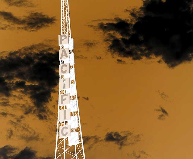 The old radio tower above the former Warner Pacific Theater, Hollywood Boulevard at Wilcox