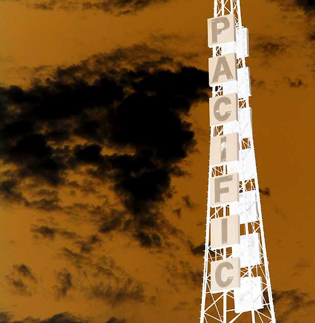 The old radio tower above the former Warner Pacific Theater, Hollywood Boulevard at Wilcox