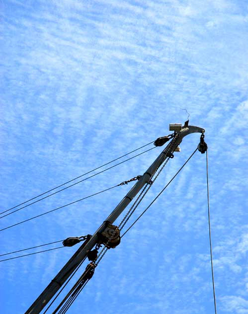 Marina del Rey, California, old fishing trawler, the Mona Lisa - rigging and high clouds