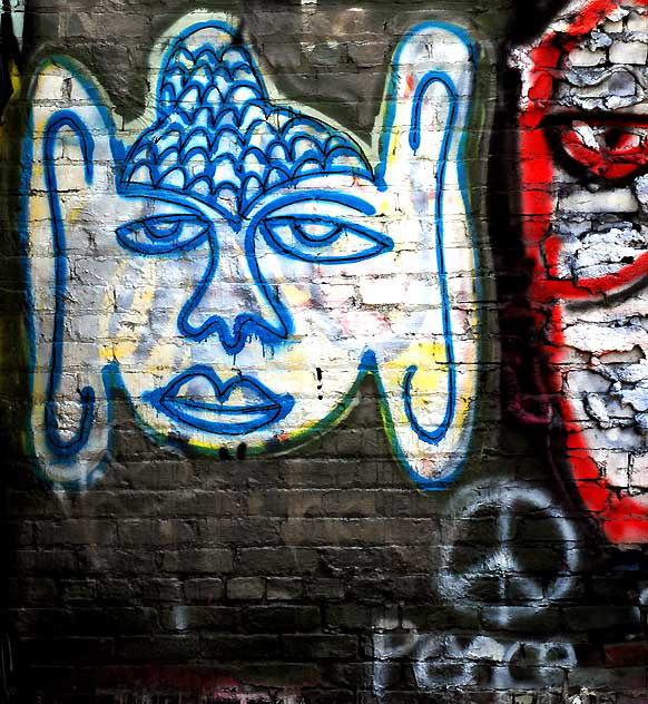 Blue Buddha Face and Peace Sign, alley off La Brea at First, Los Angeles