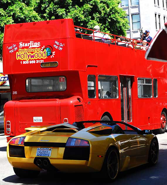 Yellow Lamborghini, Red Tour Bus, Hollywood Boulevard