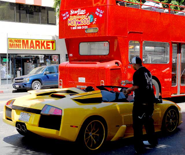 Yellow Lamborghini, Red Tour Bus, Hollywood Boulevard