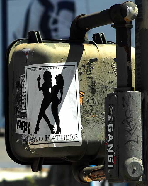 Walk - Don't Walk signal with Bad Fathers sticker, Melrose Avenue