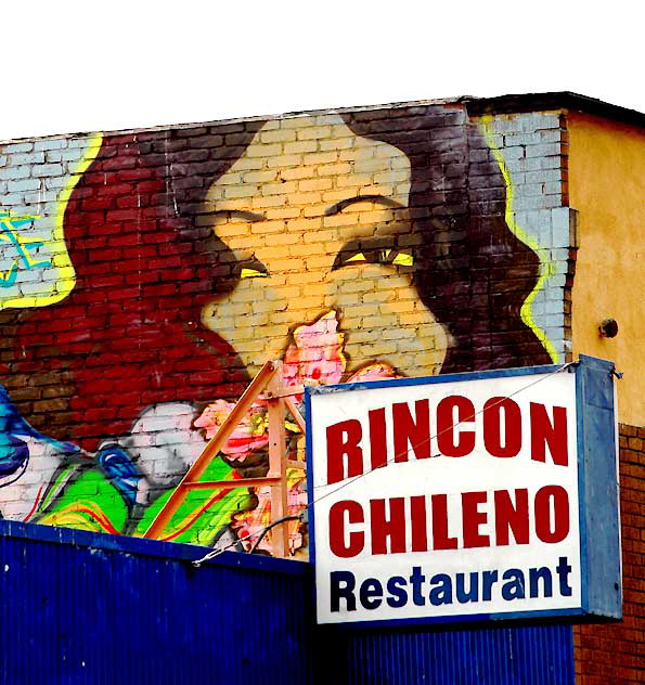 Woman with Hibiscus, mural above Mexican restaurant, Melrose Avenue at Heliotrope