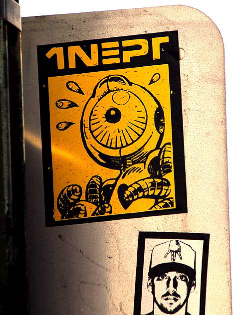"Inept" - stickers on traffic sign, Sunset Boulevard at Cahuenga in Hollywood