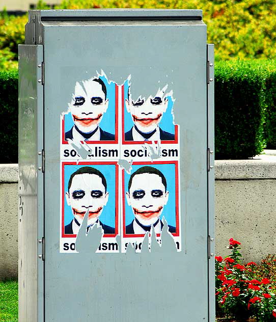 Obama as the Joker ("Socialism") - posters on utility box, Wilshire Boulevard, Los Angeles
