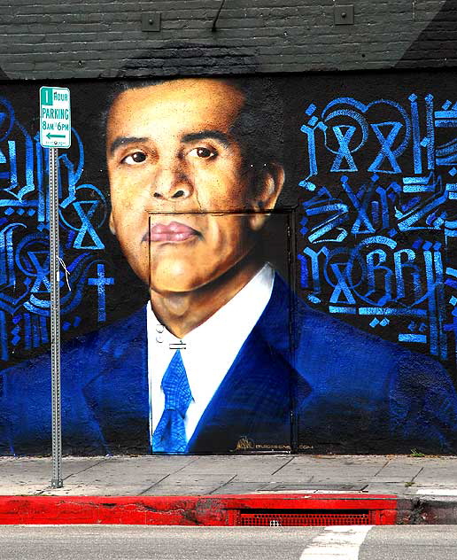 His honor, Los Angeles Mayor Antonio Ramon Villaraigosa, on the wall of a Salvadoran meat market (carnicería) at the east end of Santa Monica Boulevard 