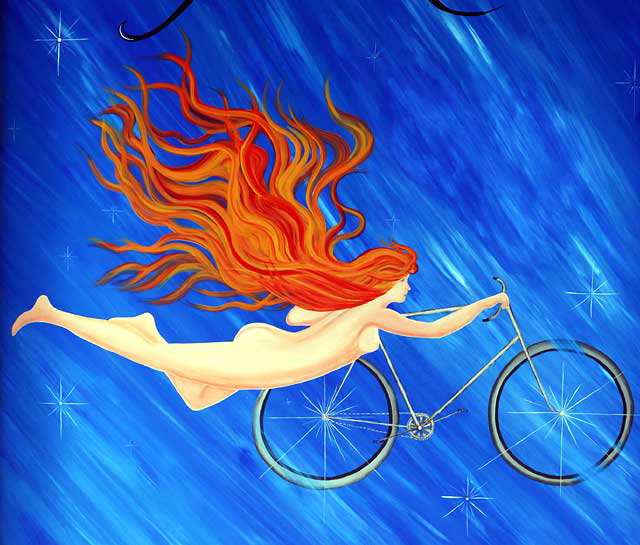Nude redhead and bicycle - sign at bicycle rental shop, Westminster at Ocean Front Walk, Venice Beach