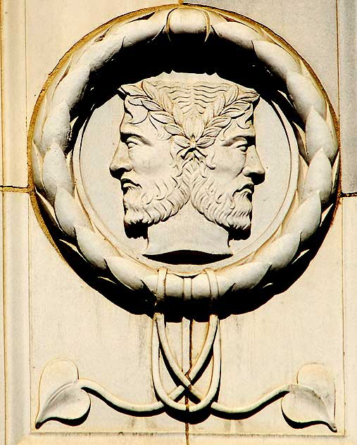 Janus frieze, Hollywood First National Bank, 1927, Meyer and Holler