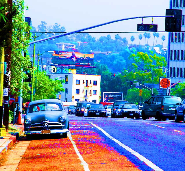 Sunset Boulevard in Echo Park on a Monday afternoon, with 1953 Ford in primer gray - full color saturation 