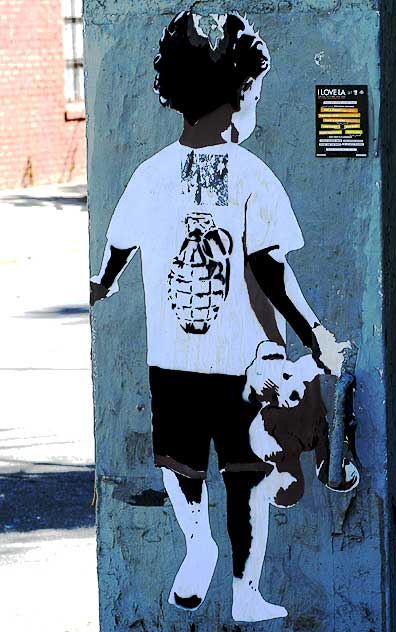 Graphic on utility box on the corner Melrose Avenue at Martel - Grenade and Teddy Bear (I Love LA)