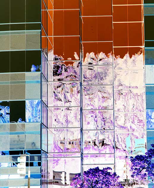 Reflections in glass at the Directors Guild of America building on Sunset Boulevard, at the foot of the Hollywood Hills