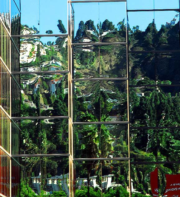 Reflections in glass at the Directors Guild of America building on Sunset Boulevard, at the foot of the Hollywood Hills