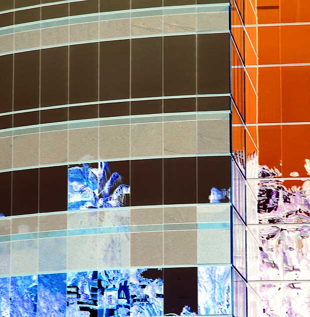 Reflections in glass at the Directors Guild of America building on Sunset Boulevard, at the foot of the Hollywood Hills