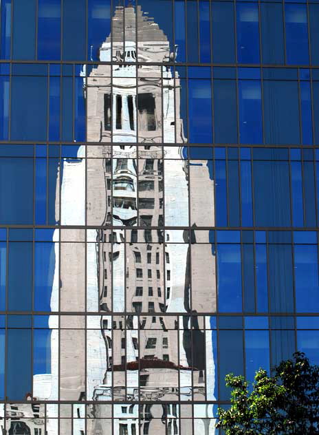 Los Angeles City Hall - 1928, Austin, Parkinson, and Martin - 200 North Spring Street, reflected in the galls wall of the new LAPD building
