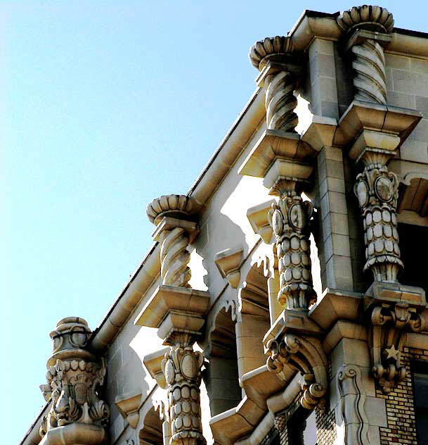 Exterior of the Million Dollar Theater, 307 South Broadway in downtown Los Angeles, from 1917 - exterior design, Joseph Jacinto "Jo" Mora (1876-1947) - on a twelve-story tower designed by the Los Angeles architect Albert C. Martin, Sr.