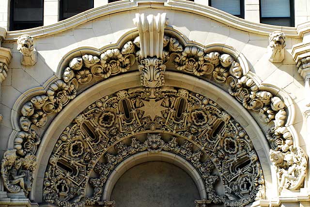 Exterior of the Million Dollar Theater, 307 South Broadway in downtown Los Angeles, from 1917 - exterior design, Joseph Jacinto "Jo" Mora (1876-1947) - on a twelve-story tower designed by the Los Angeles architect Albert C. Martin, Sr.