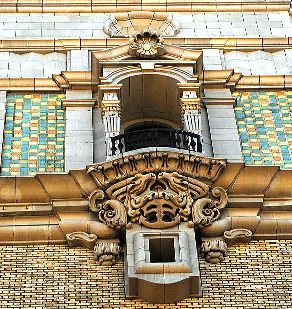 Exterior of the Million Dollar Theater, 307 South Broadway in downtown Los Angeles, from 1917 - exterior design, Joseph Jacinto "Jo" Mora (1876-1947) - on a twelve-story tower designed by the Los Angeles architect Albert C. Martin, Sr.