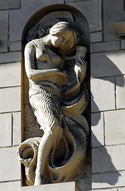 Exterior of the Million Dollar Theater, 307 South Broadway in downtown Los Angeles, from 1917 - exterior design, Joseph Jacinto "Jo" Mora (1876-1947) - on a twelve-story tower designed by the Los Angeles architect Albert C. Martin, Sr.