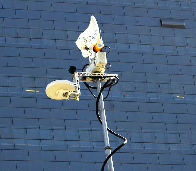 Television remote truck, glass wall, downtown Los Angeles