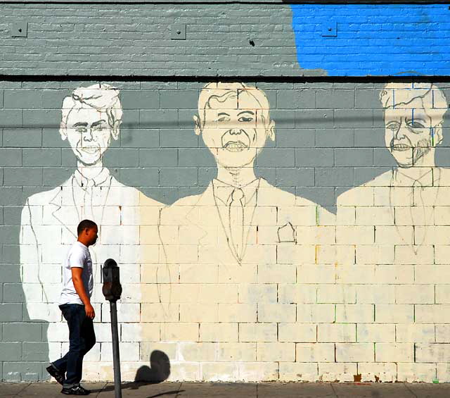 Preliminary work on a Three Kennedy Brothers and Abraham Lincoln mural at Susy's Meat Market (Carniceria Latina), 4605 Santa Monica Boulevard at Madison