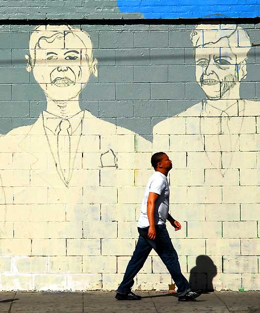 Preliminary work on a Three Kennedy Brothers and Abraham Lincoln mural at Susy's Meat Market (Carniceria Latina), 4605 Santa Monica Boulevard at Madison