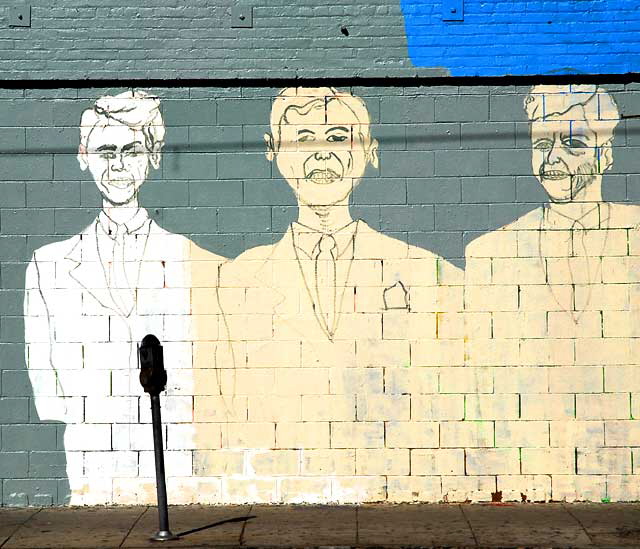 Preliminary work on a Three Kennedy Brothers and Abraham Lincoln mural at Susy's Meat Market (Carniceria Latina), 4605 Santa Monica Boulevard at Madison
