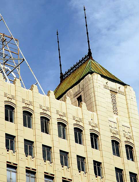 The Equitable Building, a Gothic Deco commercial tower built in 1929 on the northeast corner of Hollywood and Vine, designed by Aleck Curlett 