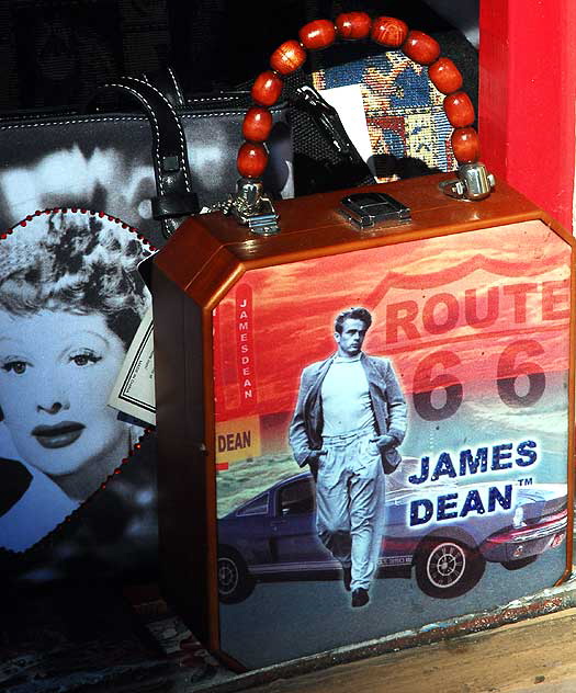 Purses for sale on display in shop window, Hollywood Boulevard - Lucille Ball, James Dean