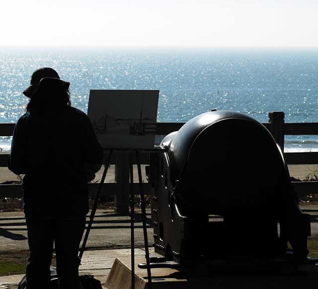 Painter in Pacific Palisades Park, at the old cannon overlooking the pier 