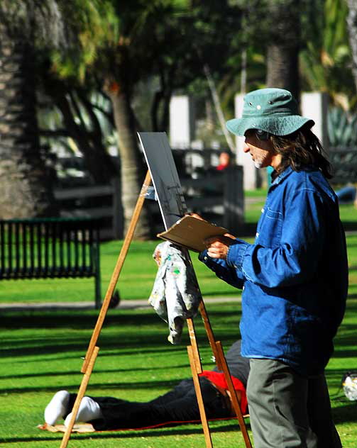 Painter in Pacific Palisades Park, at the old cannon overlooking the pier 