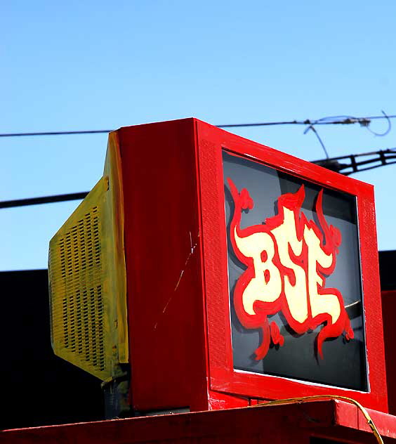 Painted red TV on Goodwill donation bin, Sunset Boulevard in Silverlake