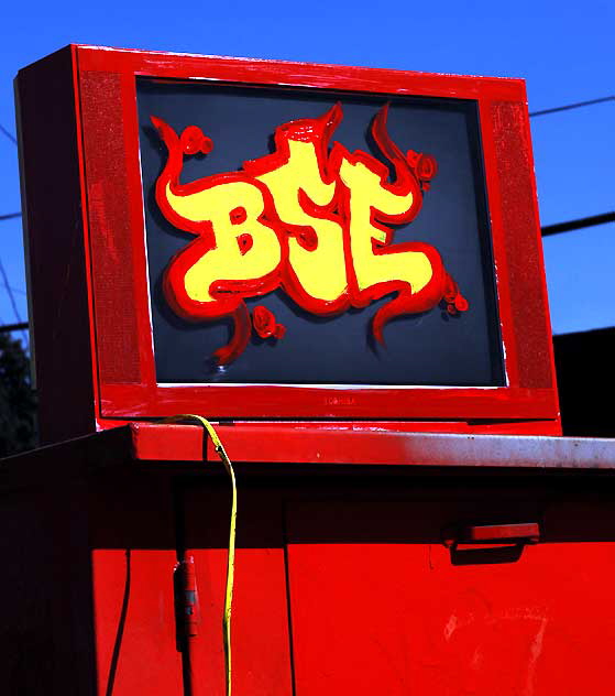 Painted red TV on Goodwill donation bin, Sunset Boulevard in Silverlake