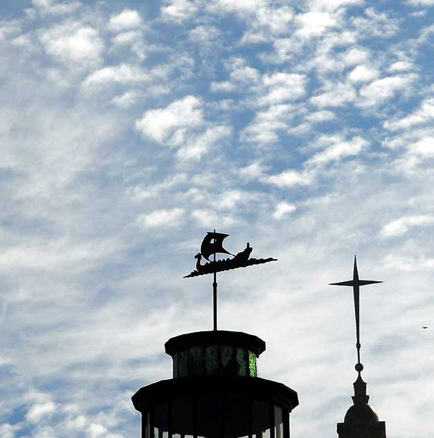 Odd light on a November Monday in Hollywood - mock lighthouse at Crossroads of the World and Church of the Blessed Sacrament, seen from Las Palmas 