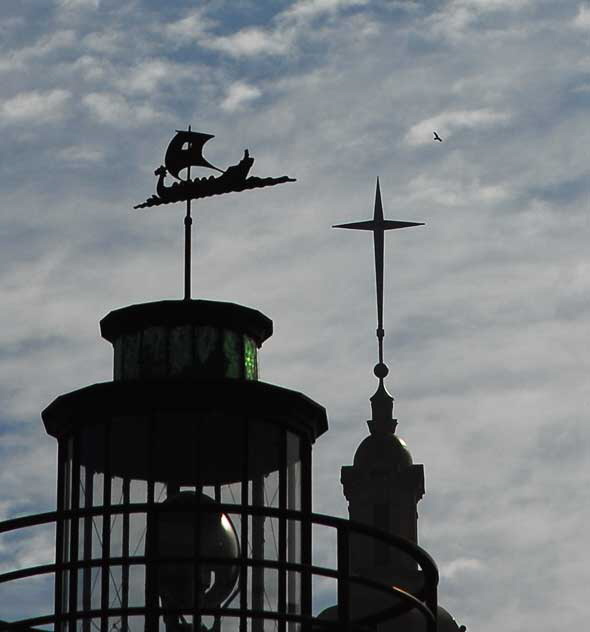 Odd light on a November Monday in Hollywood - mock lighthouse at Crossroads of the World and Church of the Blessed Sacrament, seen from Las Palmas 