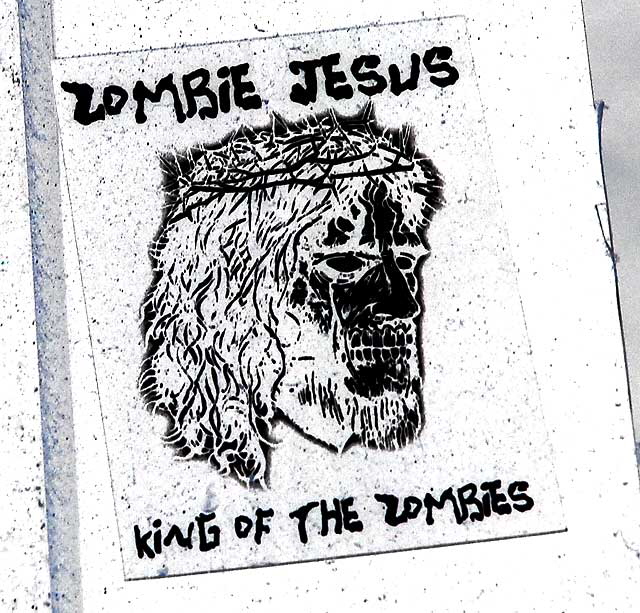 Zombie Jesus sticker, door of tattoo shop, Hollywood Boulevard