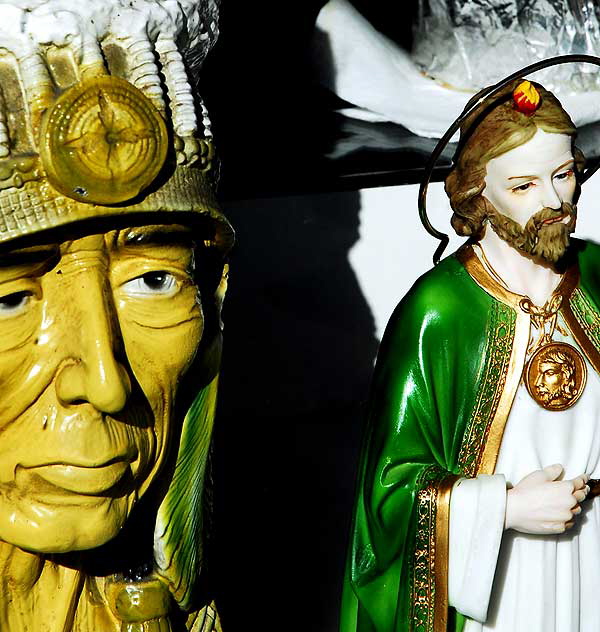 Indian Chief and Jesus, figures in shop window, Sunset Boulevard near Alvarado in Echo Park
