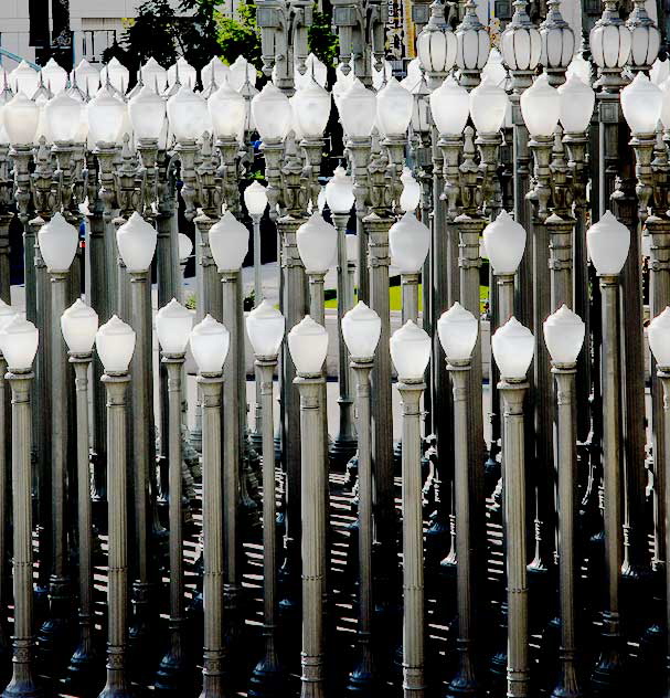 Chris Burden's "Urban Light" - an installation of 202 vintage Los Angeles streetlamps at the Broad Contemporary Art Museum, Wilshire Boulevard