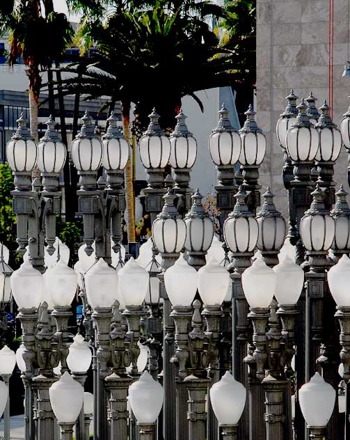 Chris Burden's "Urban Light" - an installation of 202 vintage Los Angeles streetlamps at the Broad Contemporary Art Museum, Wilshire Boulevard