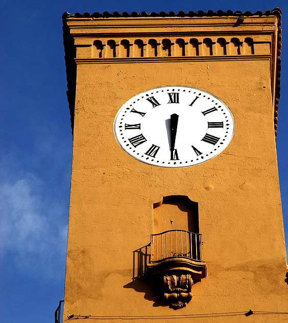 Clock tower with balcony, southeast corner of Santa Monica Boulevard and Cole